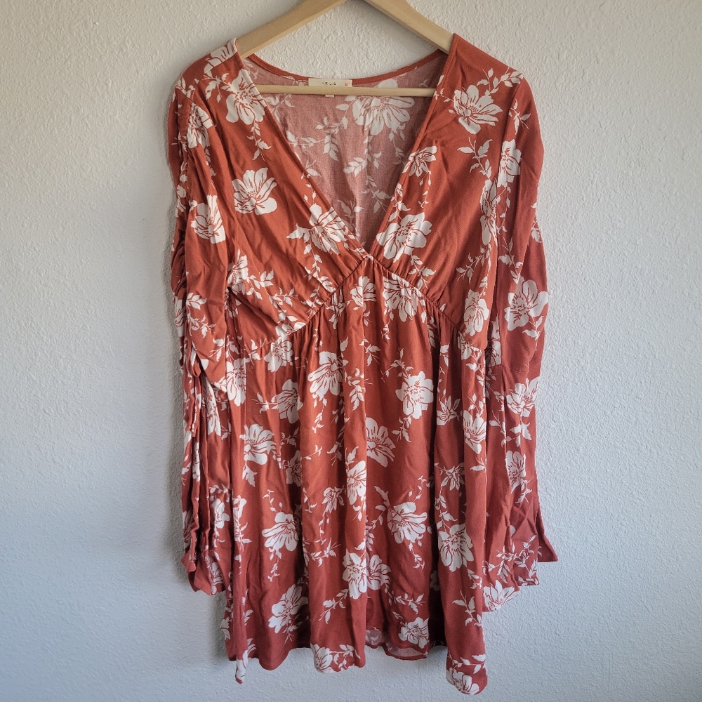 Le Lis Rust Floral Long Sleeve V-Neck Dress